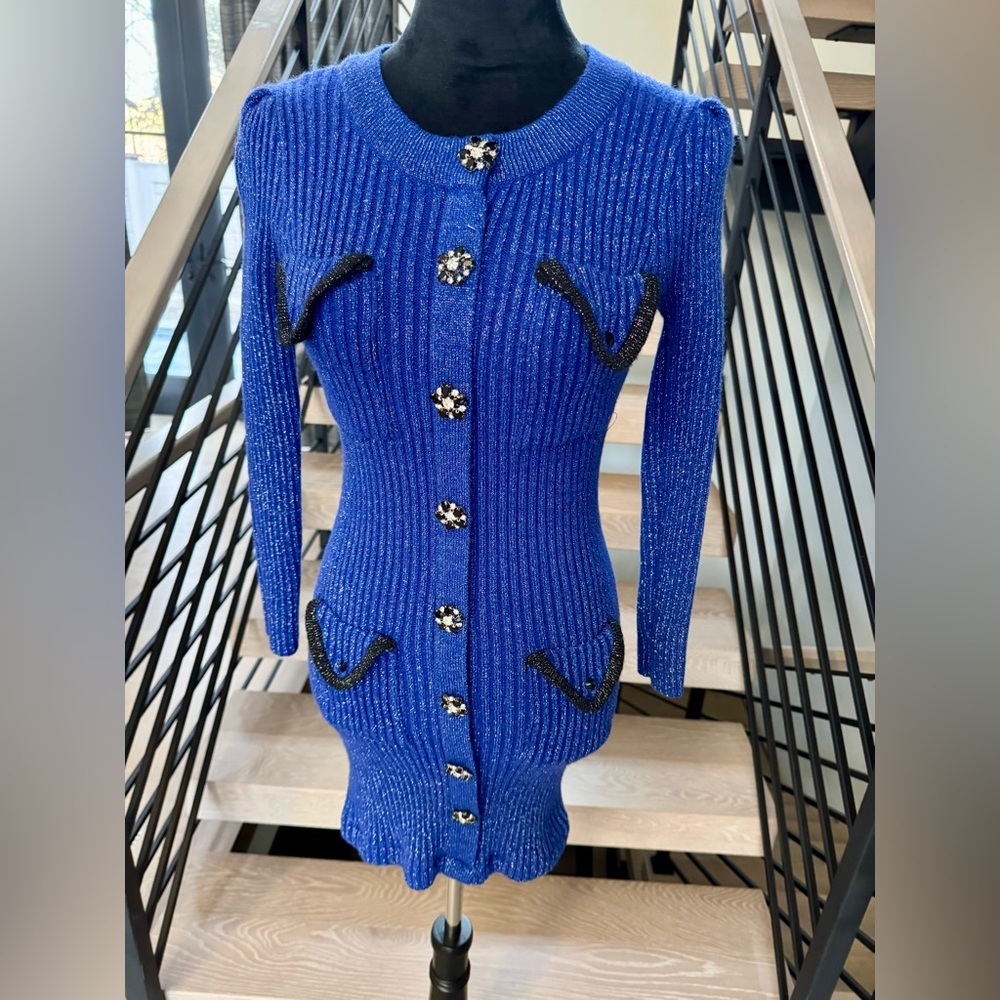 New Shimmery and Chic Blue Knit Dress size S - Picture 4 of 9